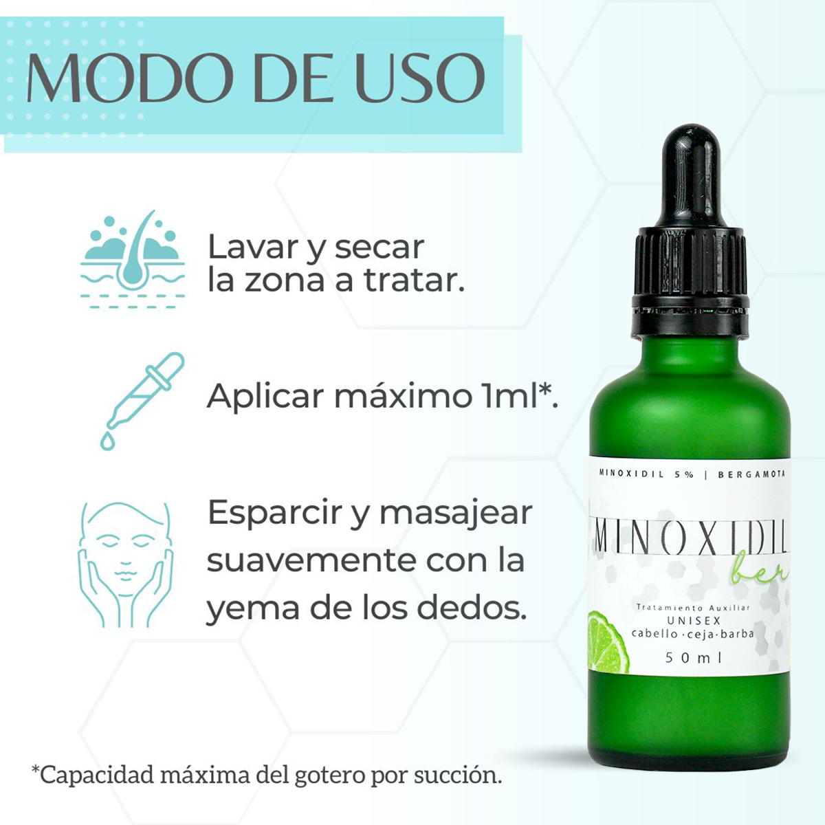 MINOXIDILBER loción Minoxidil 5% y Bergamota tratamiento unisex 50ml modo de uso