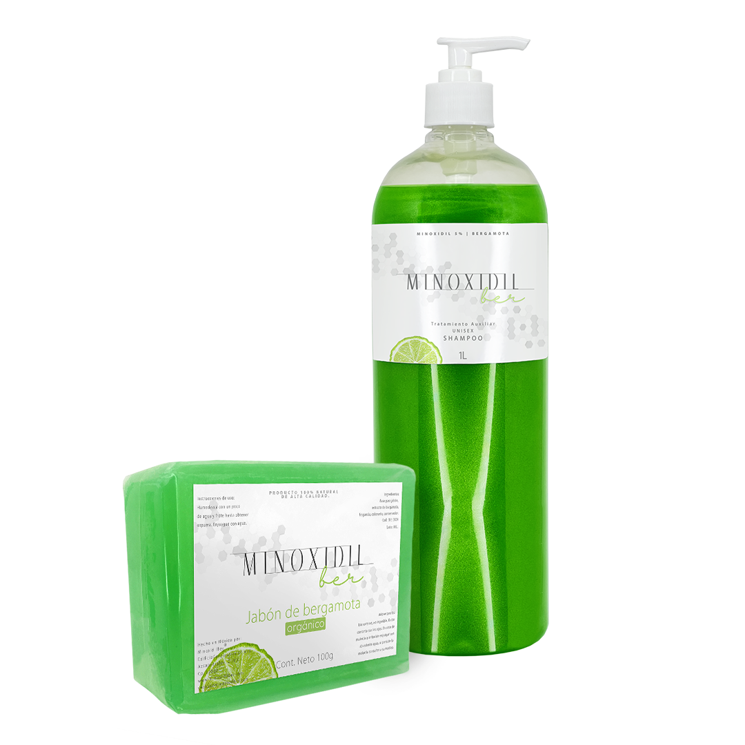 MINOXIDILBER minoxidil 5% bergamota Shampoo 1 litro y jabon 100 g