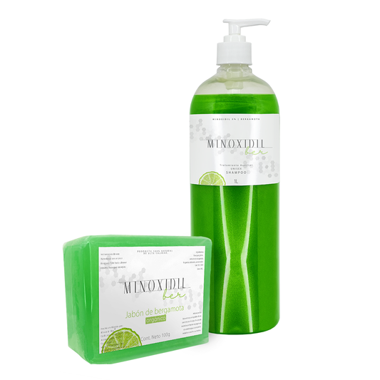 MINOXIDILBER minoxidil 5% bergamota Shampoo 1 litro y jabon 100 g