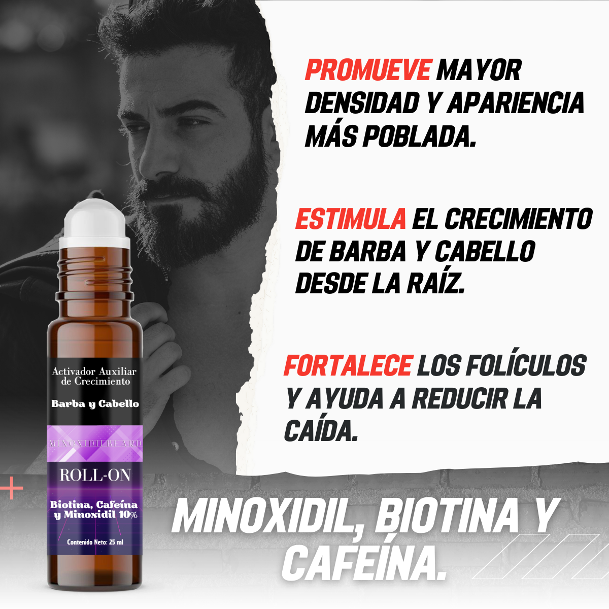 Minoxidil 10%, Biotina Y Cafeína Minoxidilbeard Roll On 25ml
