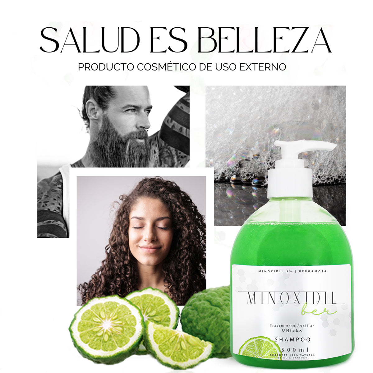 Shampoo Unisex de Bergamota con Minoxidil 5% 500 ml.