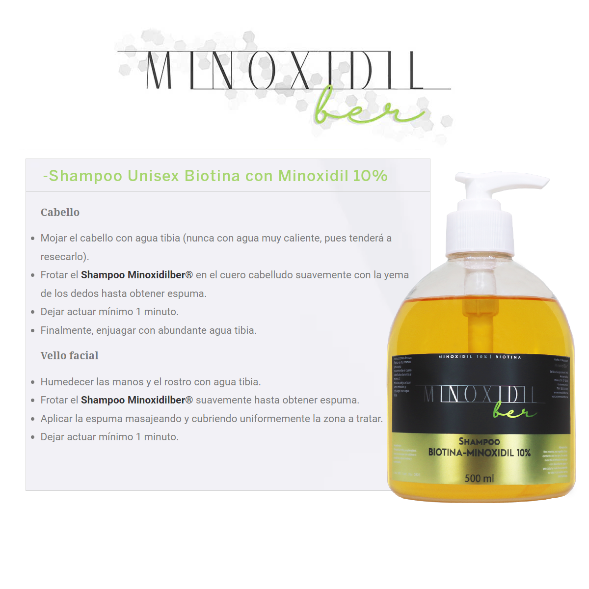 MINOXIDILBER Shampoo de minoxidil 10% y biotina 500 ml modo de uso