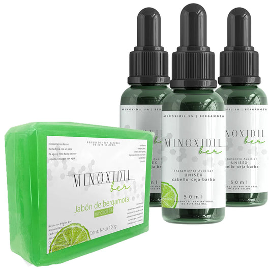 Minoxidil 5% + Bergamota para Barba y Cabello | Kit Unisex con Jabón + 3 Tratamientos