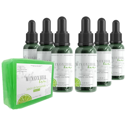 Minoxidil 5% + Bergamota para Barba y Cabello | Kit Unisex con Jabón + 6 Tratamientos