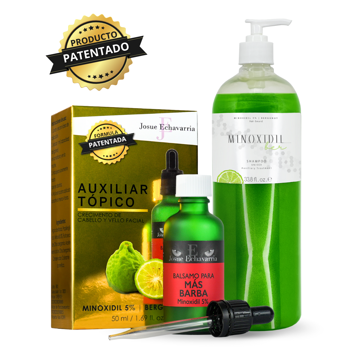 Kit Shampoo 1 L y Auxiliar cosmetico 50ml para Cabello y Barba con Minoxidil 5% y Bergamota