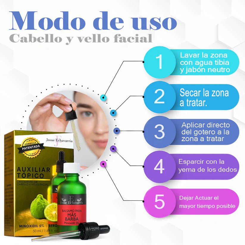 Kit Shampoo 1 L y Auxiliar cosmetico 50ml para Cabello y Barba con Minoxidil 5% y Bergamota