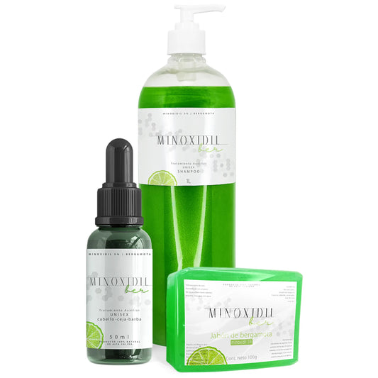 Minoxidil 5% + Bergamota para Barba y Cabello | Kit Unisex con Jabón + 1 Tratamiento + Shampoo 1 Litro