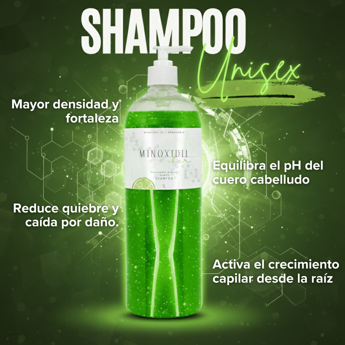 Kit Shampoo 1 L y Auxiliar cosmetico 50ml para Cabello y Barba con Minoxidil 5% y Bergamota
