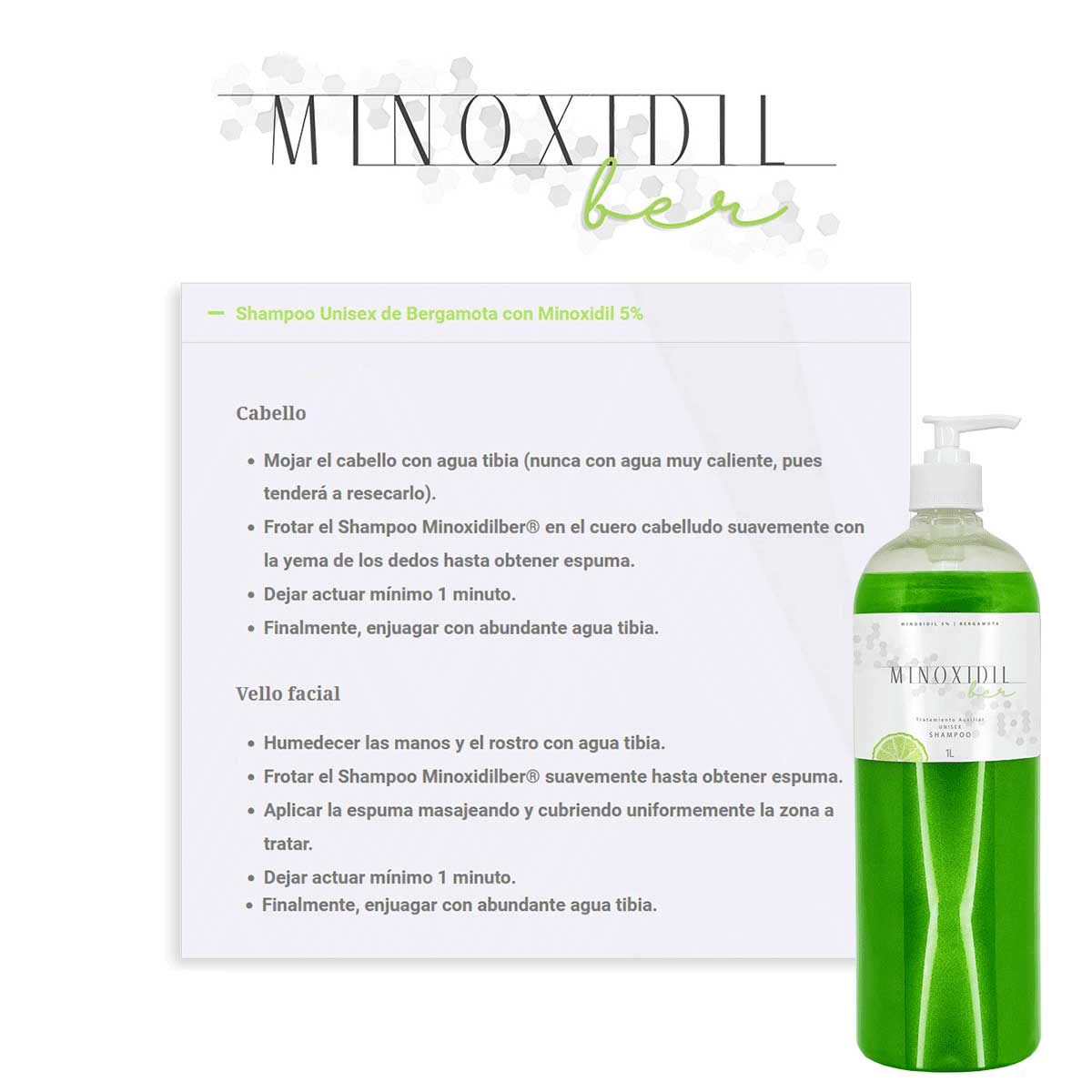 Kit Shampoo 1 L y Auxiliar cosmetico 50ml para Cabello y Barba con Minoxidil 5% y Bergamota