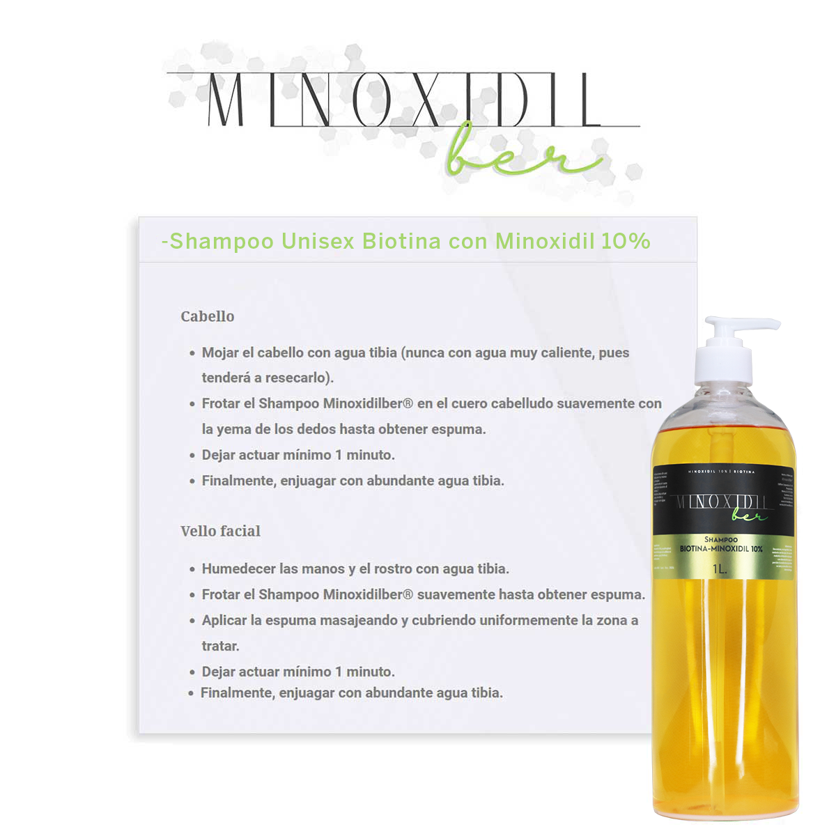 MINOXIDILBER Shampoo de minoxidil 10% y biotina 1 litro modo de uso